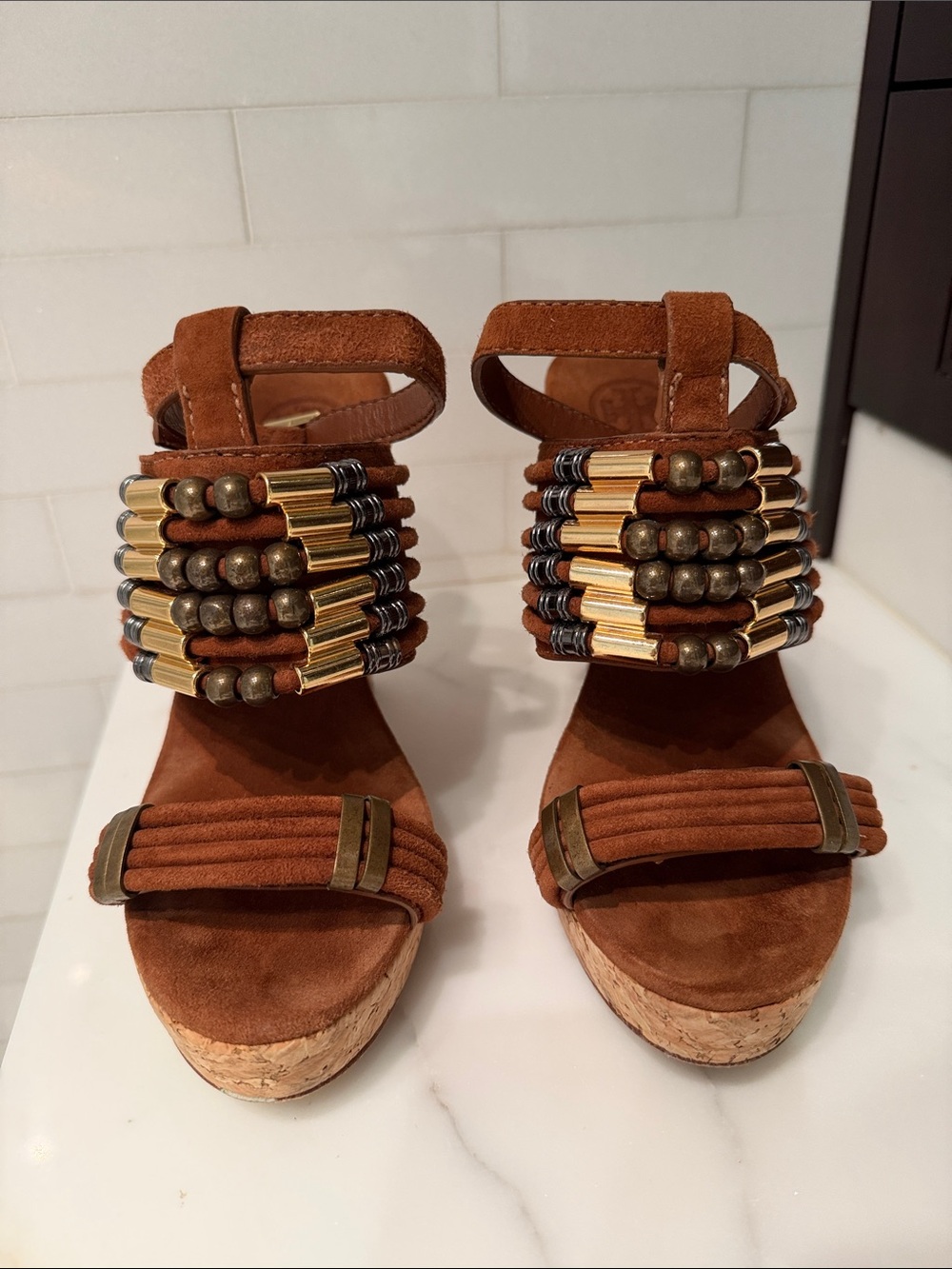 Tory Burch Women's Brown Suede Beaded Wedge Sandals. Very good condition. Size 7